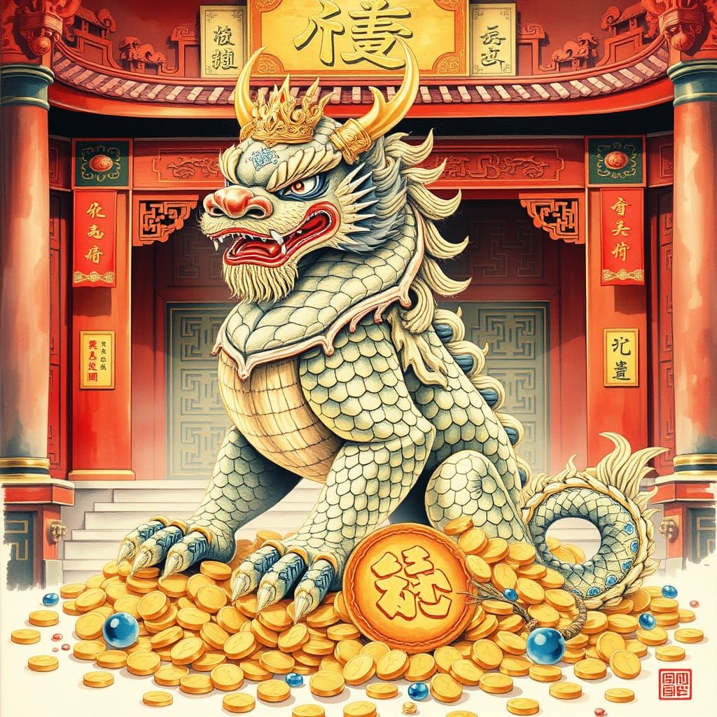 Majestic Pixiu in Classic Chinese Watercolor Style