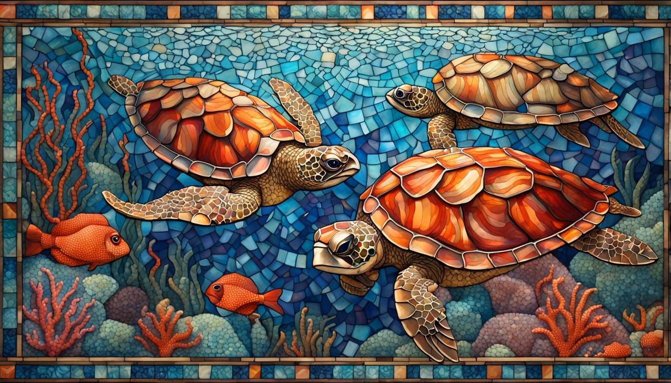 Sea Turtles and Fish in Art Nouveau Mosaic