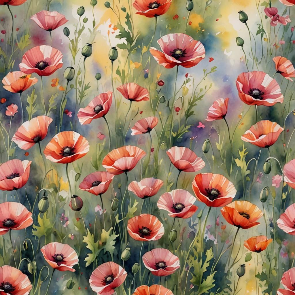 Whimsical Poppy Blooms in Soft Watercolour Hues