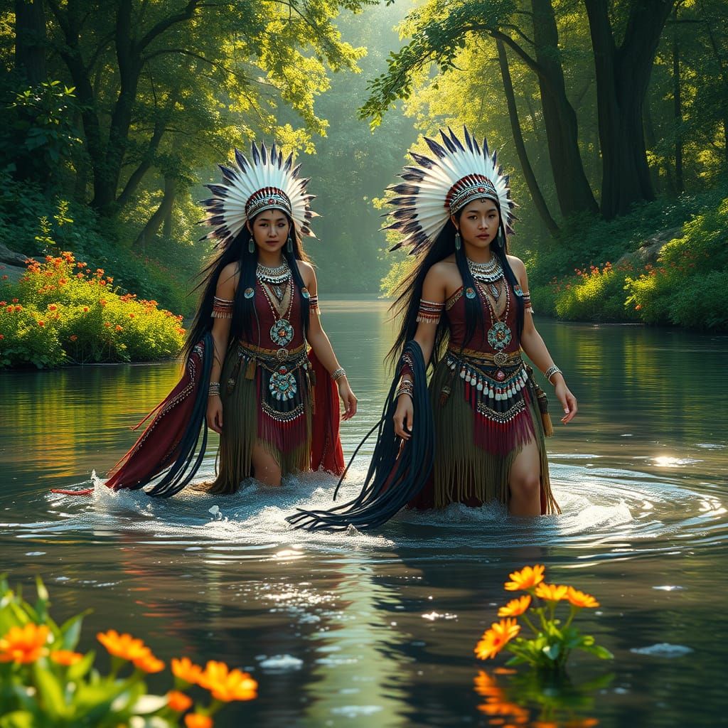 Native American Goddesses in Lush River Landscape