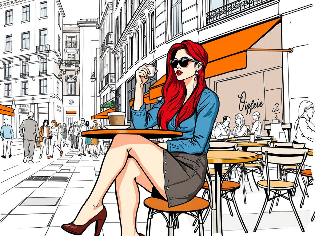 Fashionable Woman at Cafe, Hockney and Gruau Style
