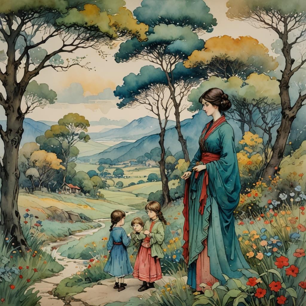 Women and Child Landscape in Gouache Style