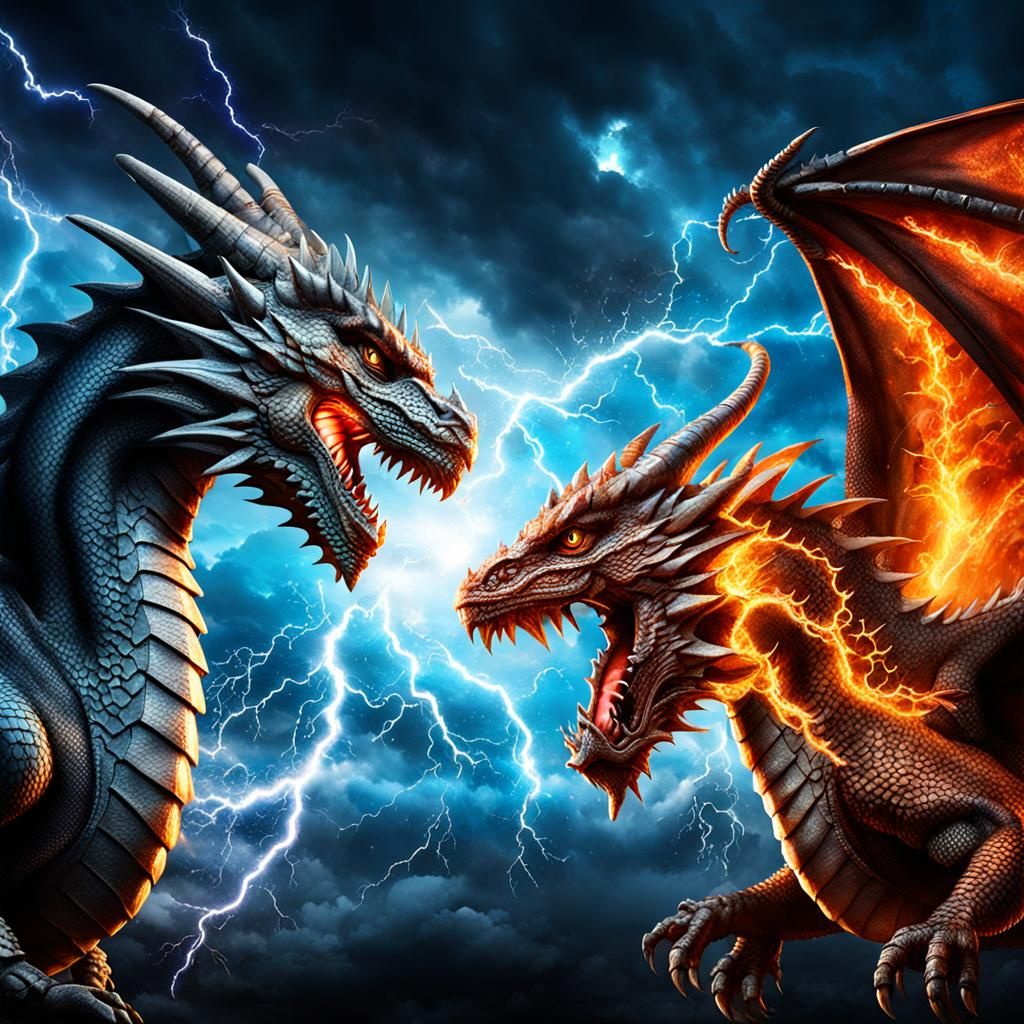 Epic Dragon and Phoenix Battle in Fiery Sky