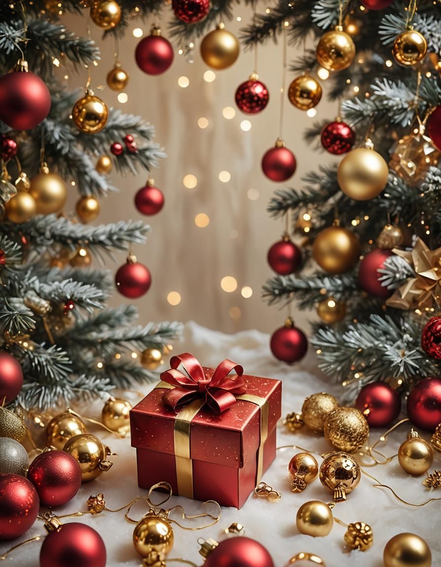 Festive Red and Gold Christmas Gift Box Photo
