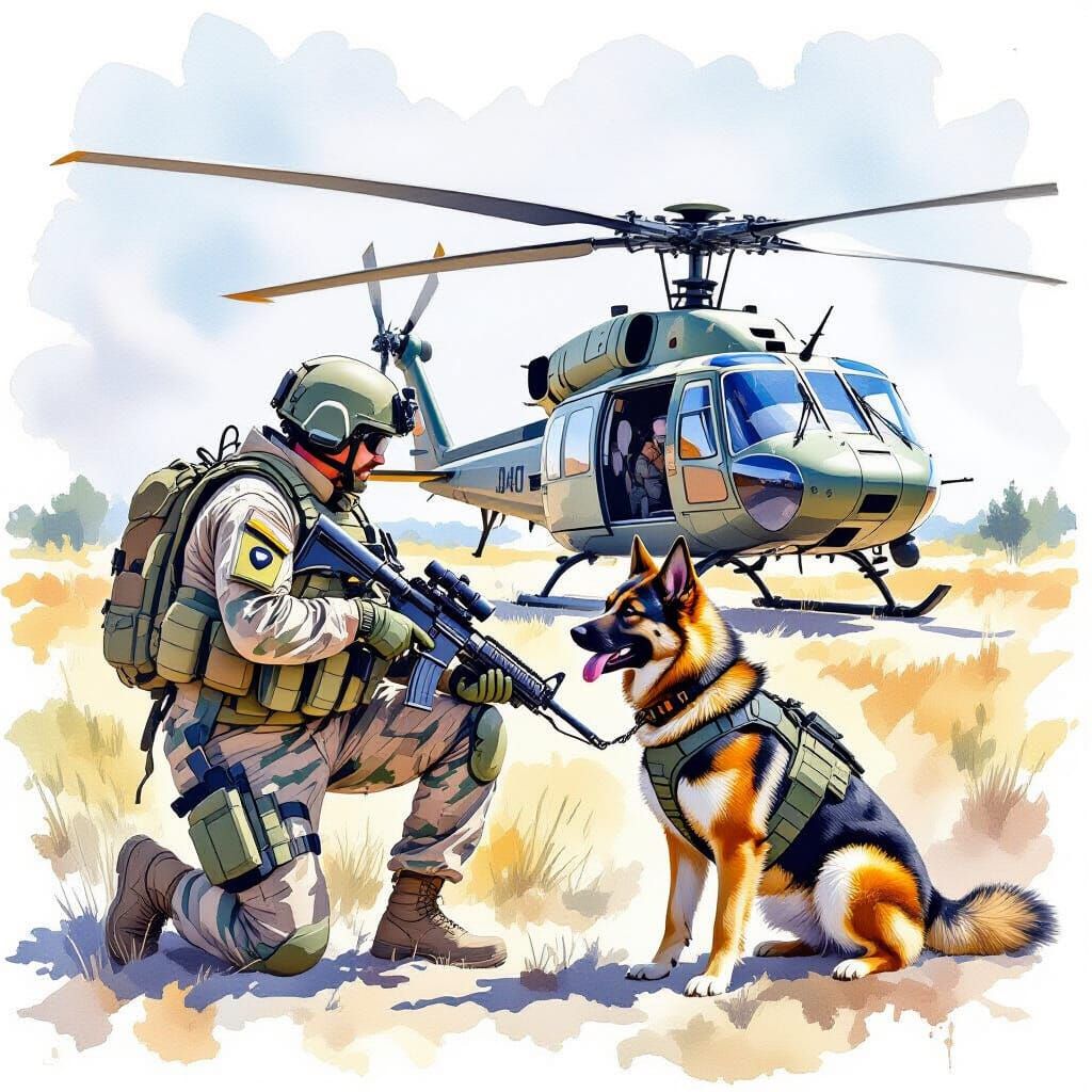 Soldier and Shepherd Dog Training in Watercolor Style