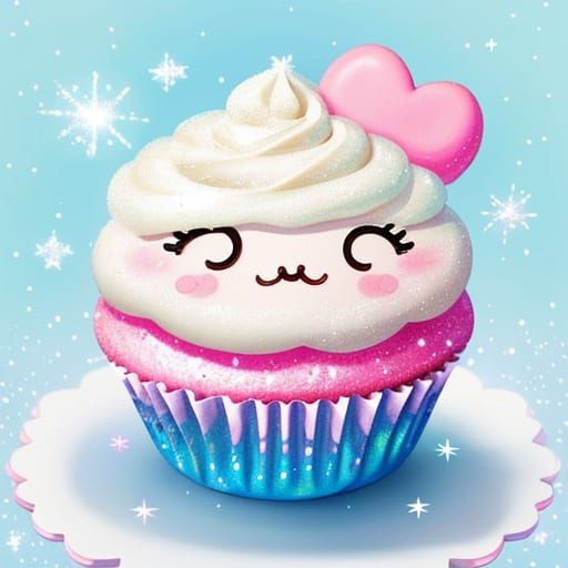 Kawaii Cupcake with Blushing Face and Sparkles