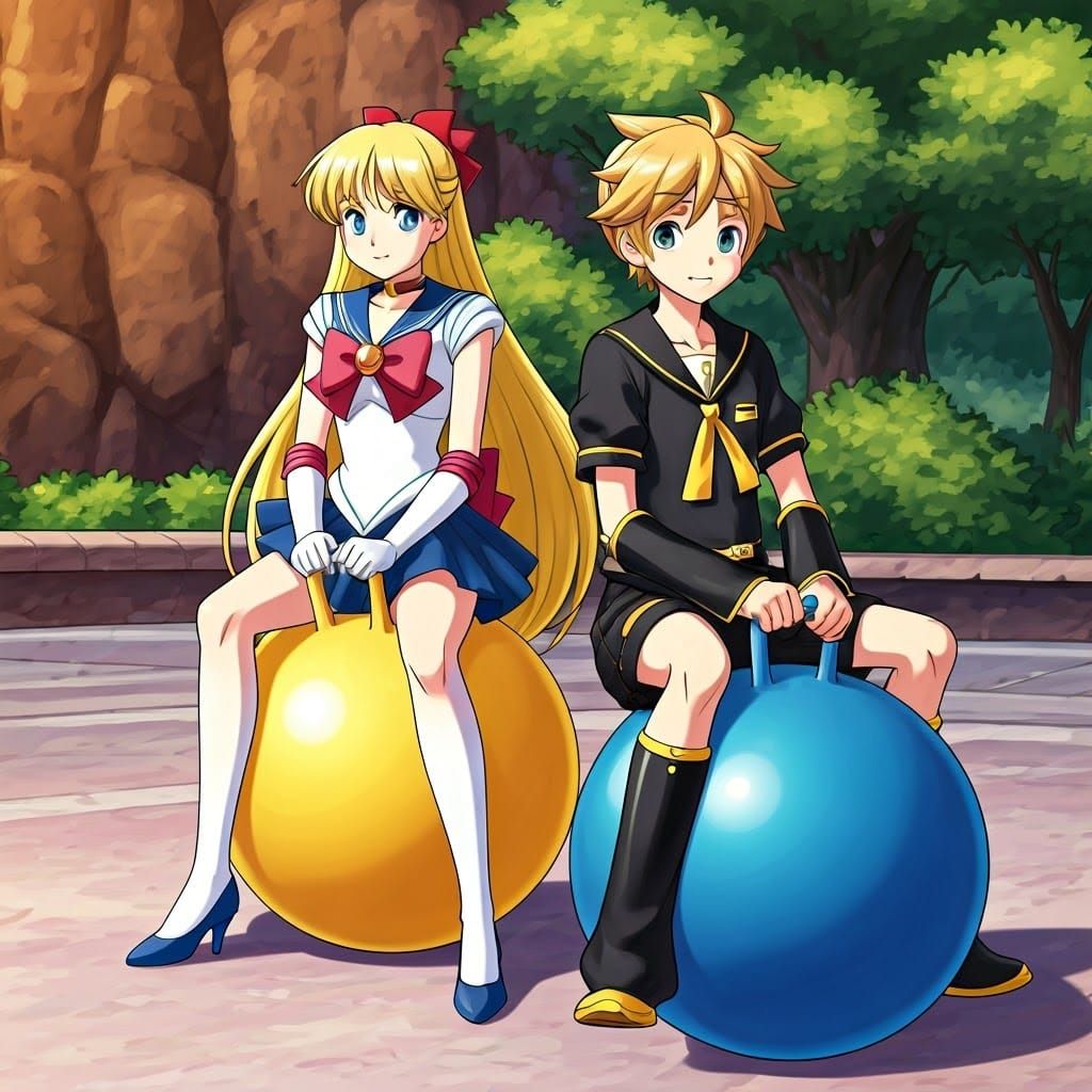 Sailor Venus and Kagamine Len in Whimsical Toyland Scene