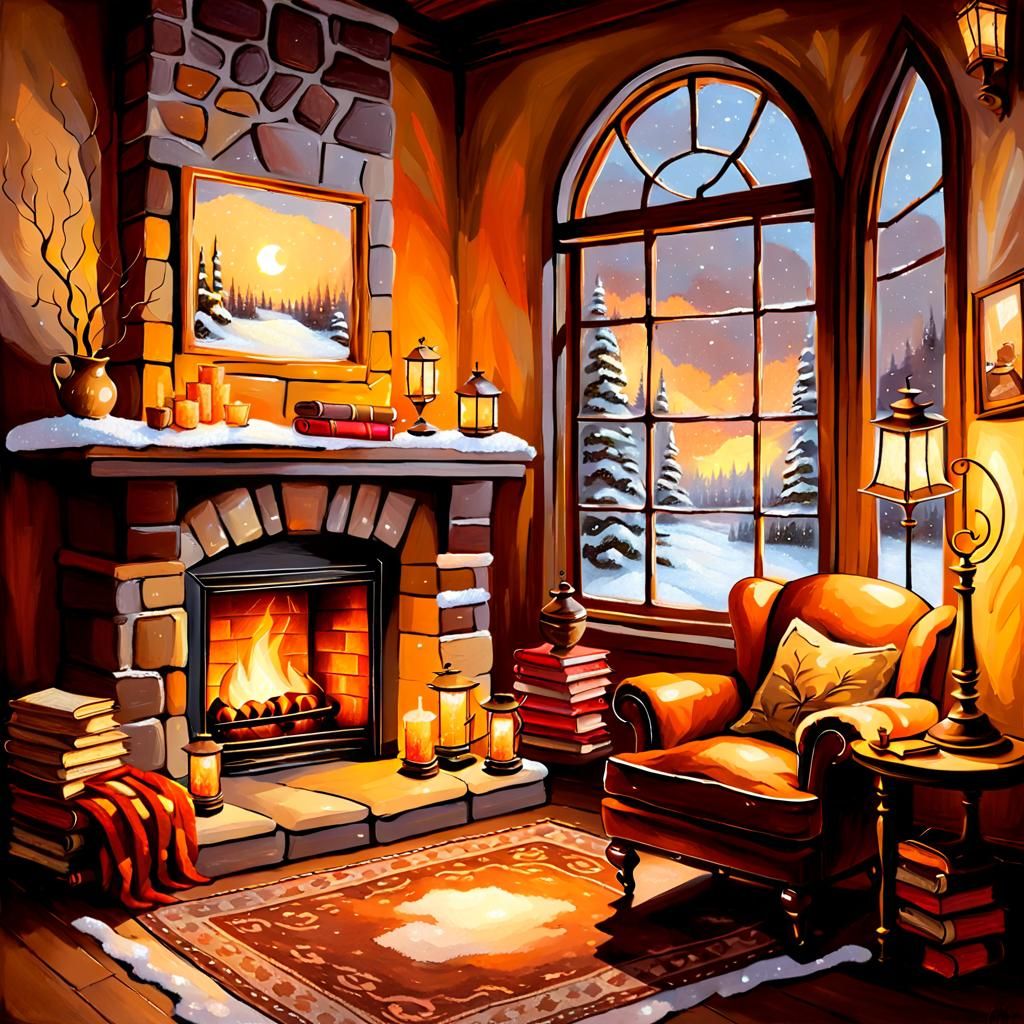Warm Fireside Scene in Tonalist Style