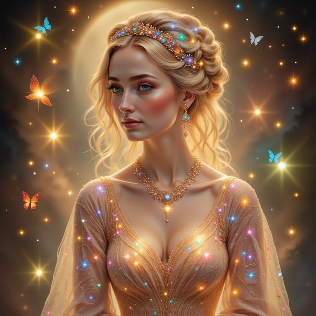 Woman with Luminous Tattoos and Butterflies