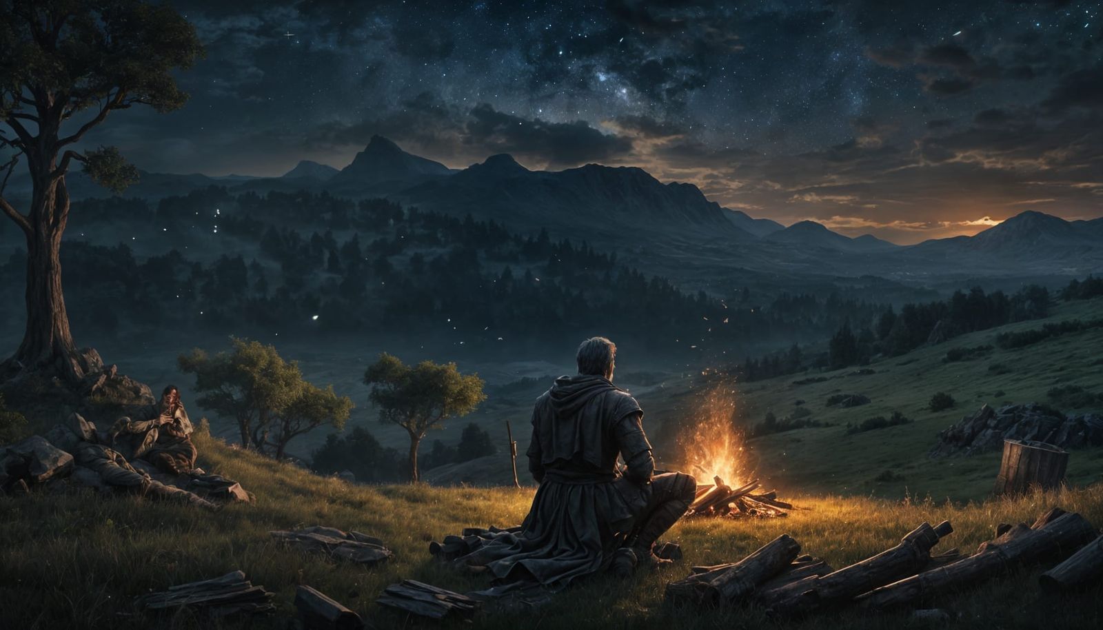 Medieval Man Contemplates Meadow Under Starry Sky