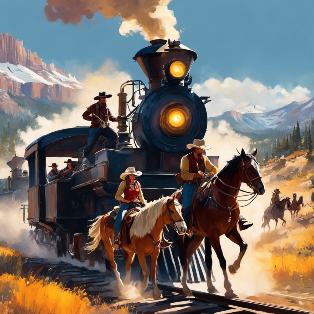 Cowboy Robbery of Steam Train in Acrylic Art Style