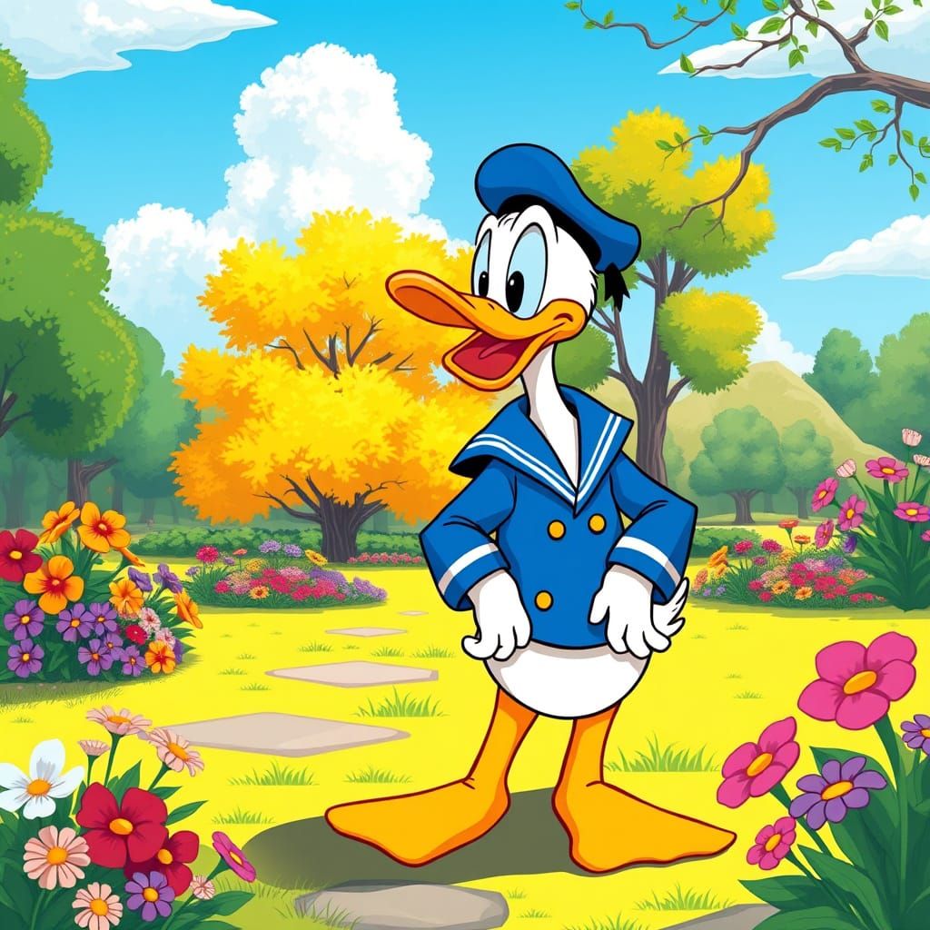 Donald Duck in Park, Surreal Animated Style