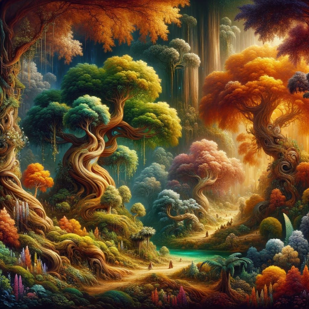 Mythical Garden with Diverse Fantastical Trees