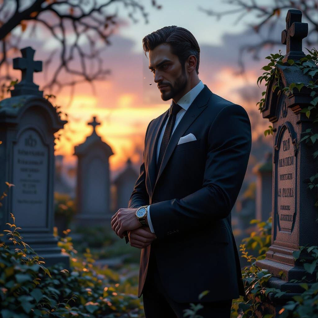 Man in Graveyard Glances at Expensive Watch at Twilight