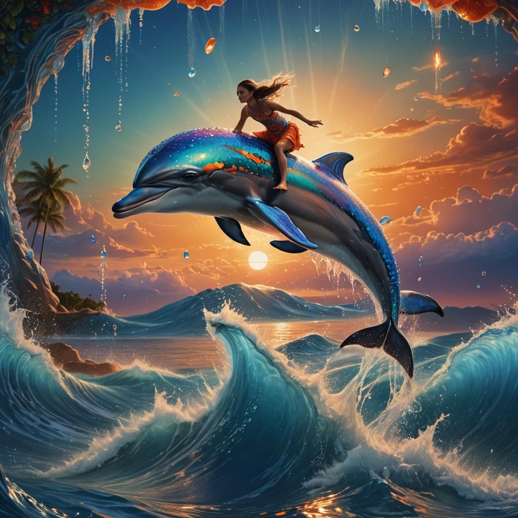 Model Rides Dolphin in Tropical Sunset Fantasy Art