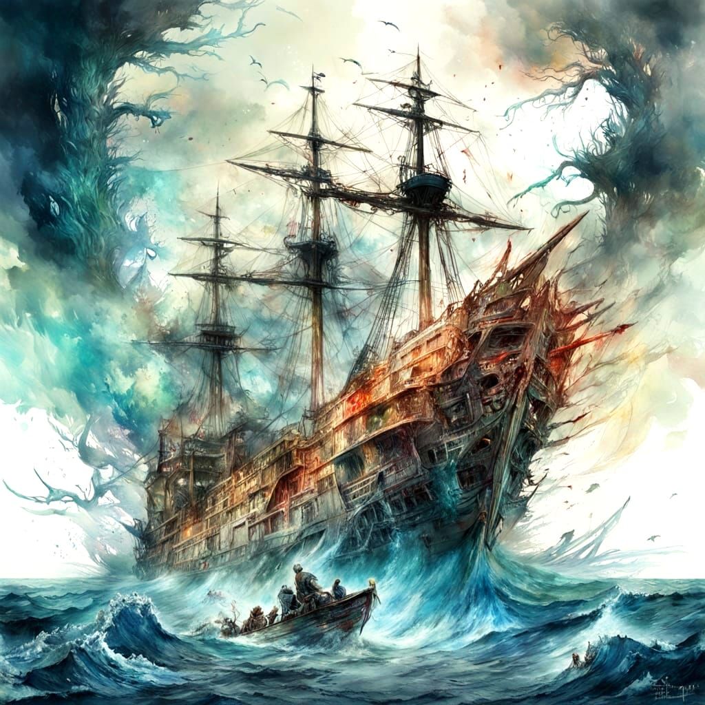 Horror at Sea: Monster Attacks Ship in Watercolor Style