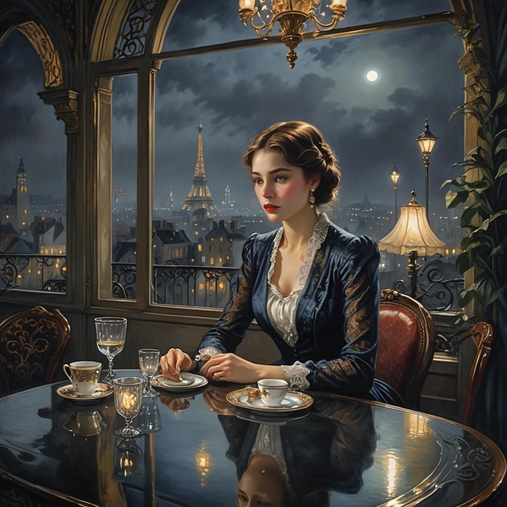 Woman Overlooking Cityscape in Impressionist Style