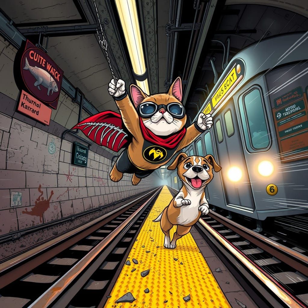 Adorable Hero Cat Saves Dog in Gritty Comic Art
