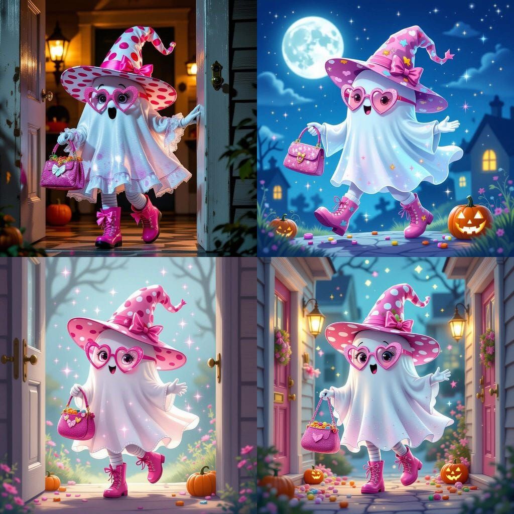 Whimsical Ghost with Pink Glasses Collects Candy