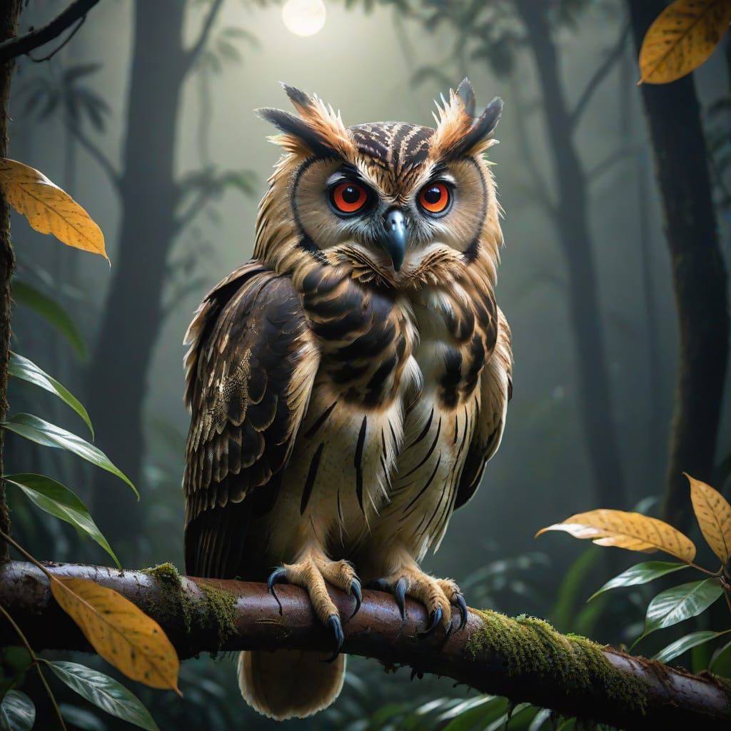 Mystical Moonlit Baby Philippine Eagle-Owl in Rainforest