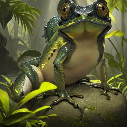 Large Yellow Bullfrog on Mossy Rock in Hyperrealism