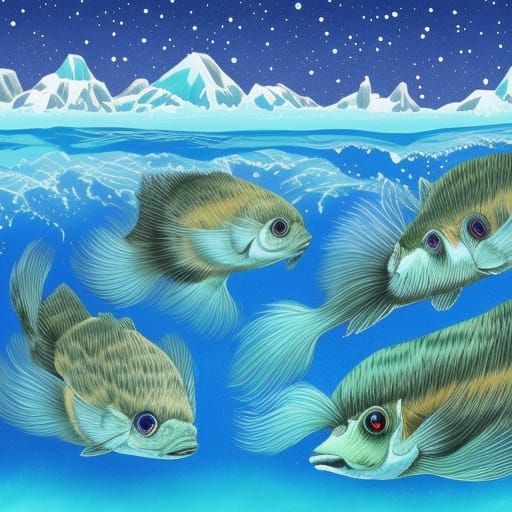 Furry Fish in Icy River: Colorful Ink Illustration