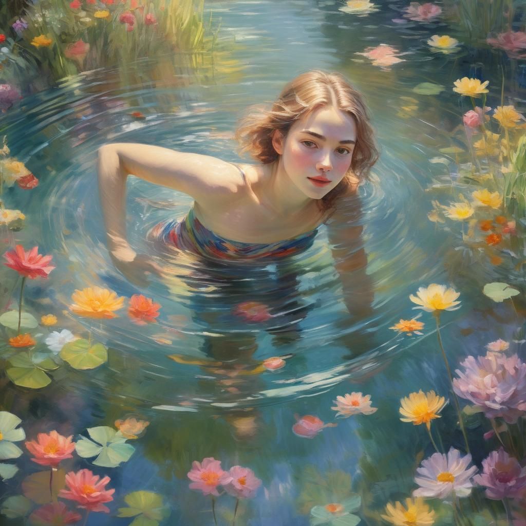 Impressionist Woman Swimming in Summer Garden