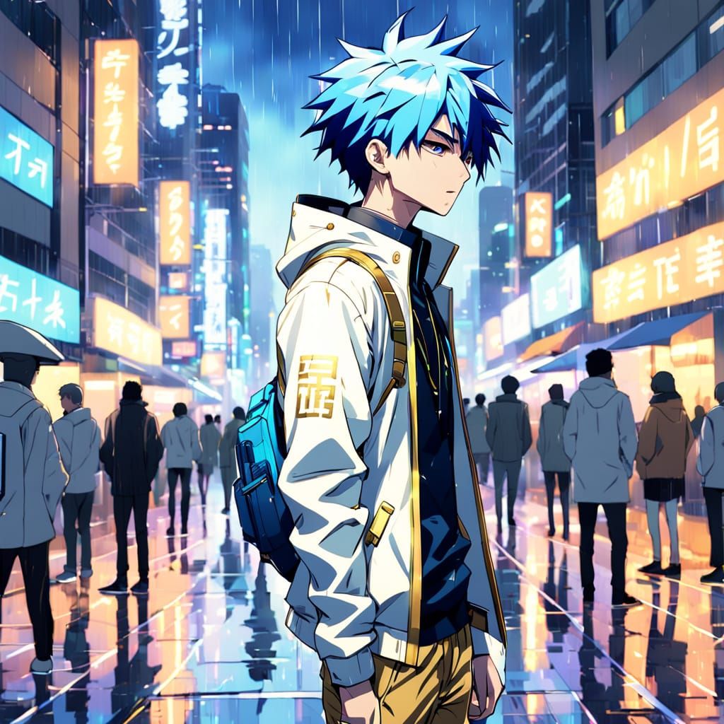 Tall Teenage Anime Boy in Modern Gold and White Suit Against...