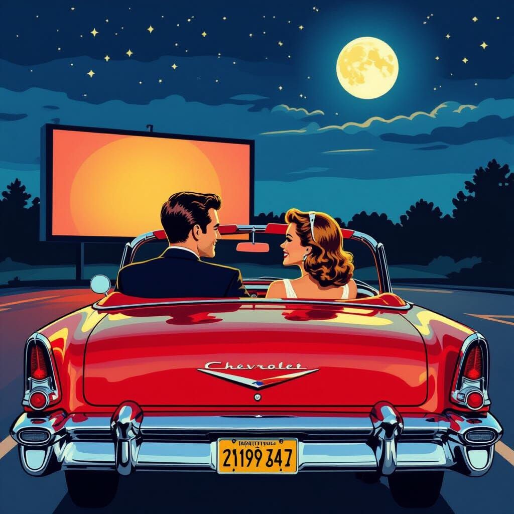 Romantic 1950s Drive-In Date in Pop Art Style