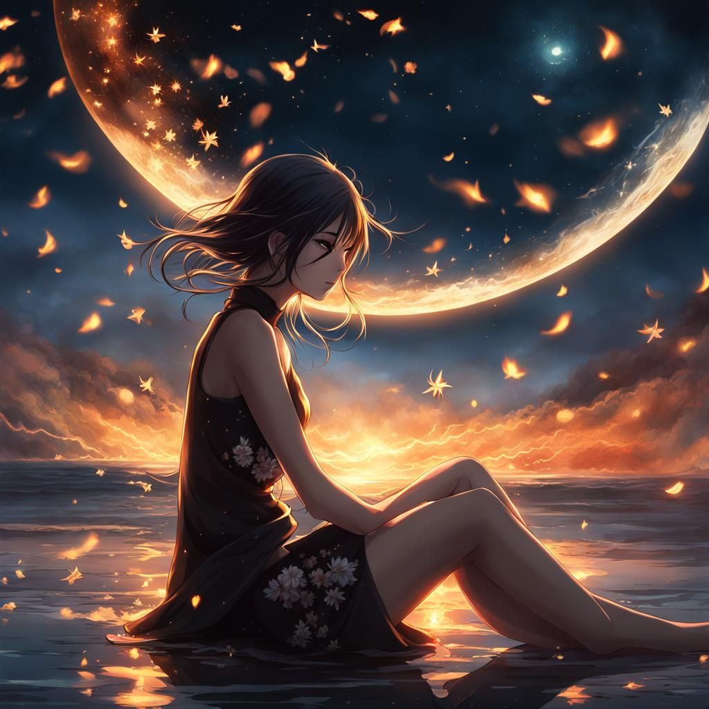 Anime Girl Gazing at Falling Stars in Noir Style
