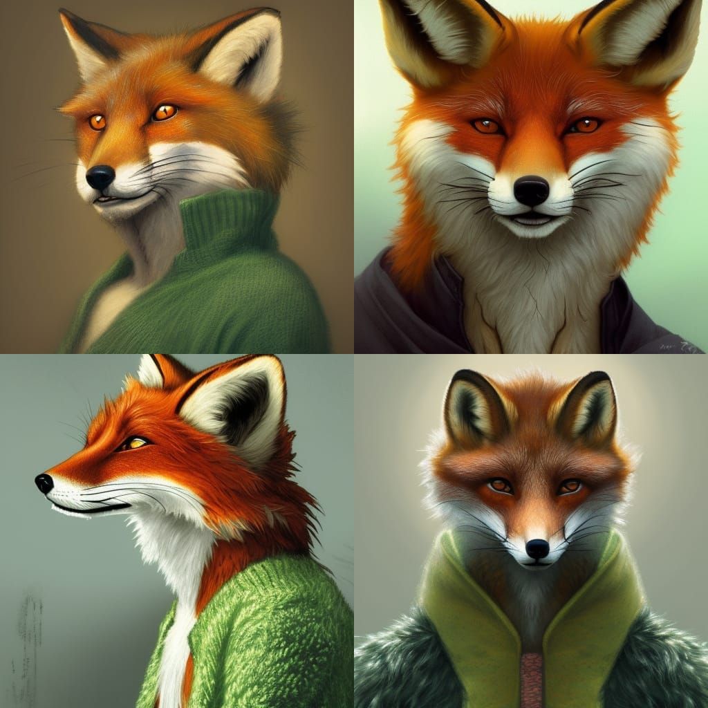 Green Anthropomorphic Fox Portrait in Hyperdetailed Digital ...