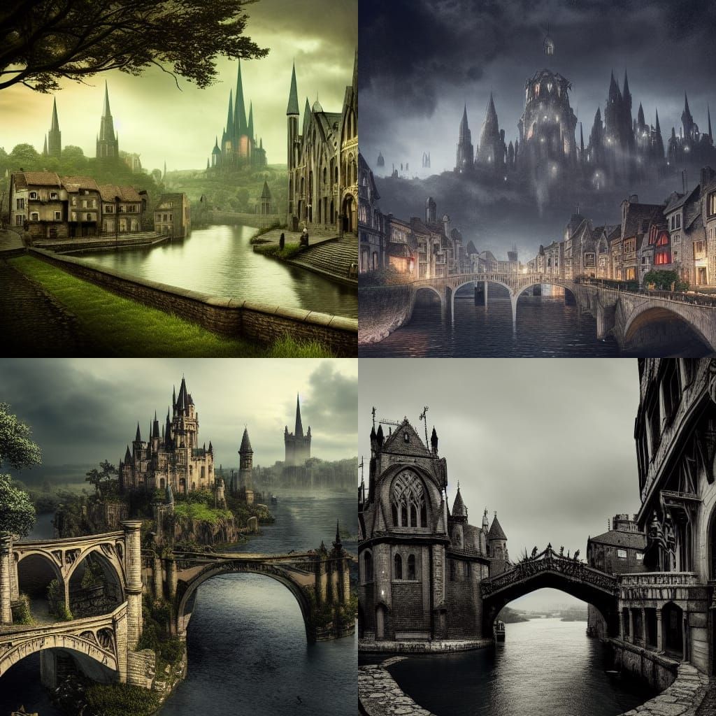 Dark Fantasy Town with Gothic and Romantic Styles
