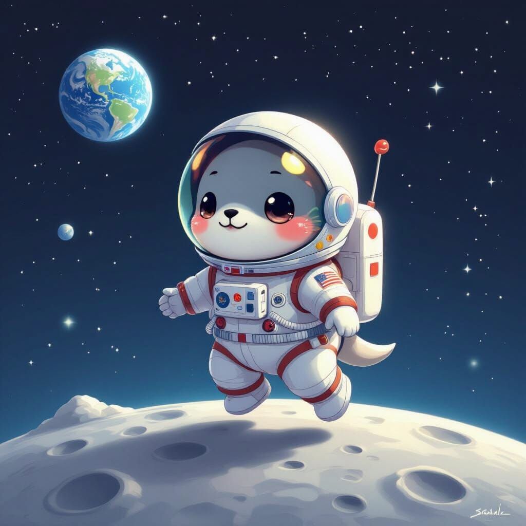 Kawaii Seal Astronaut Floats on the Moon