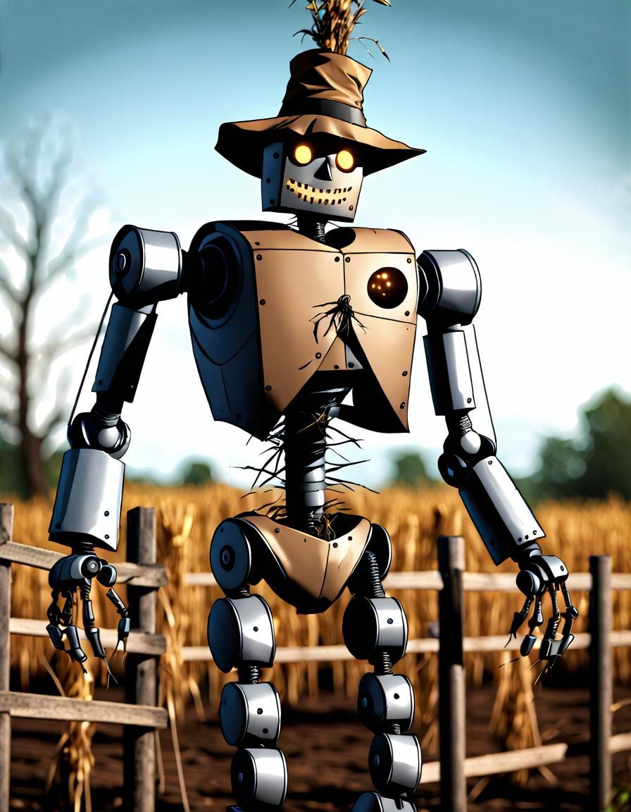 Robot Scarecrow in Dark Comic Style, 4K
