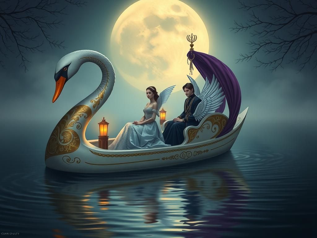 Swan Barge on Misty Lake in Art Nouveau Style