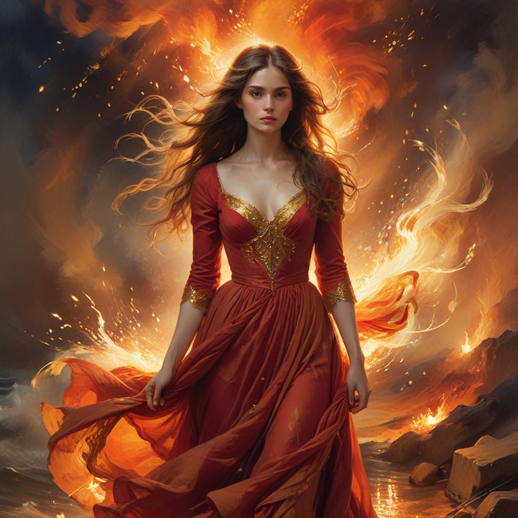 Dramatic Woman Amidst Fiery Blaze in Romantic Art Style