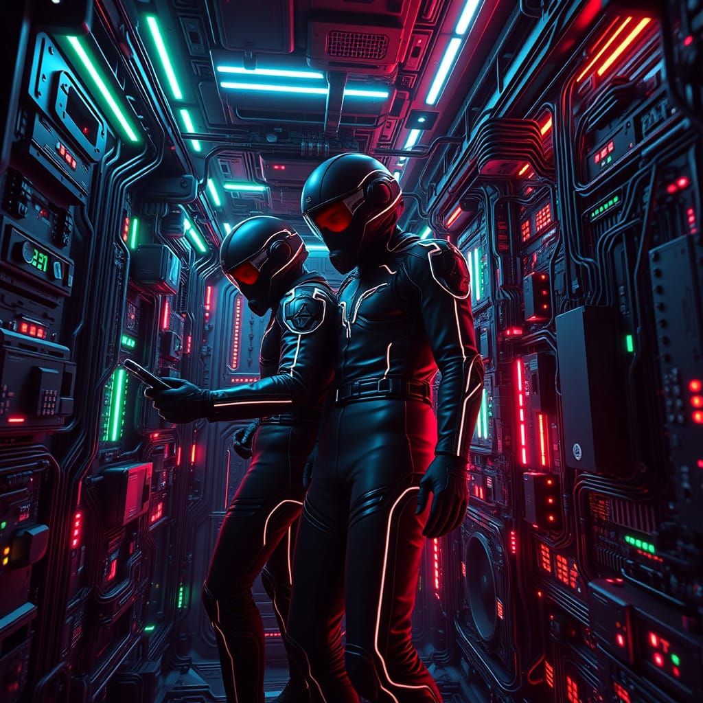 Sleek Futuristic Technicians in a Cyberpunk Computer Core