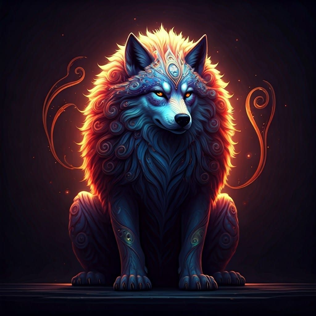 Fantasy Lion-Wolf Sparkledog with Ethereal Energy