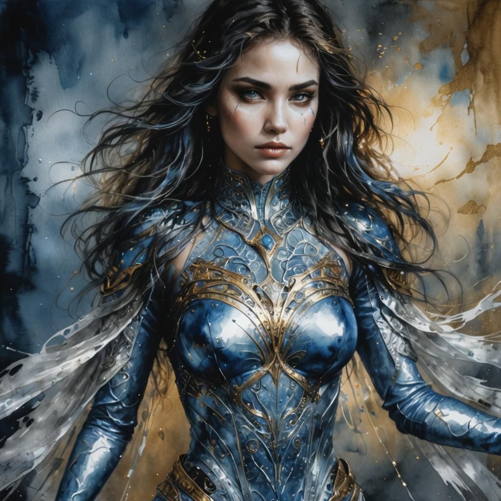 Woman's Portrait with Metallic Inks in Watercolor Style