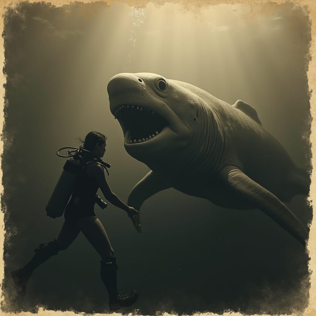 Megalodon Encounter: Sepia-Toned, Damaged Photograph
