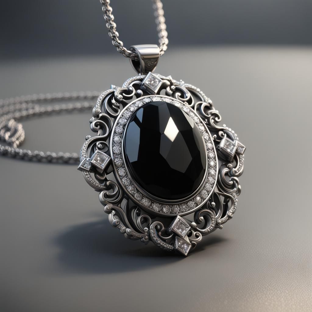 Silver Onyx Pendant with Diamonds: 3D Render