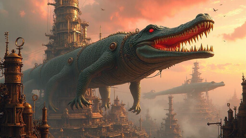 Steampunk Airship Cellphone-Alligator Hybrid Soaring Over Cl...