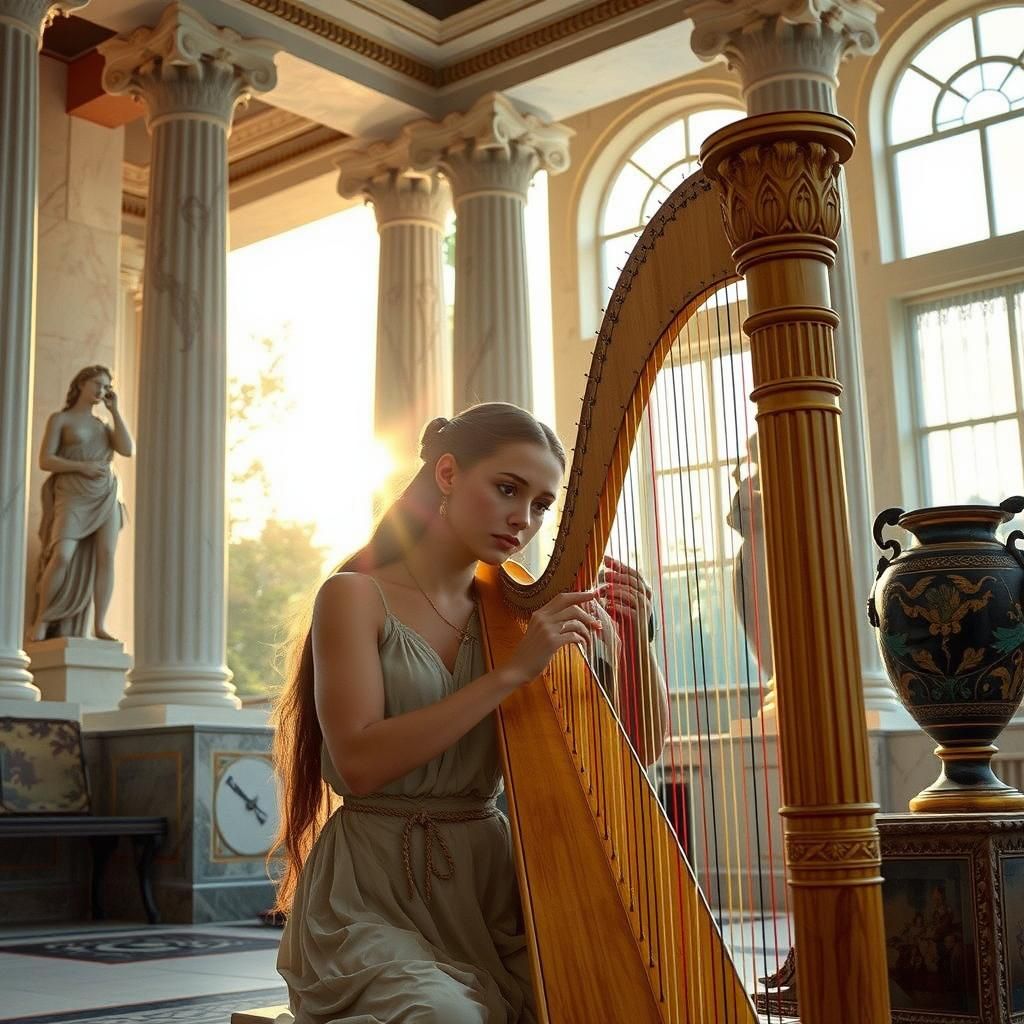 Ancient Greek girl playing harp