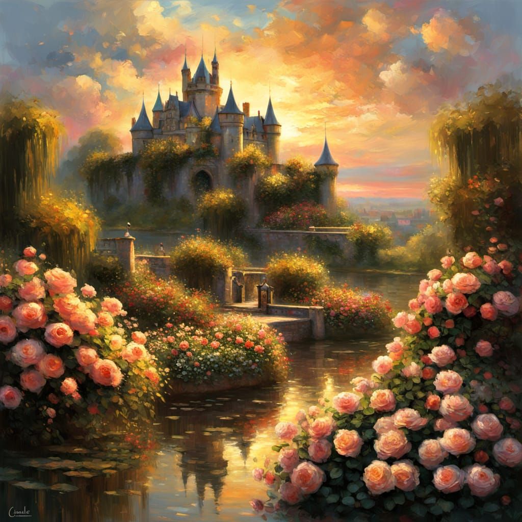Magical Sunset Over Ancient Castle Surrounded by Roses