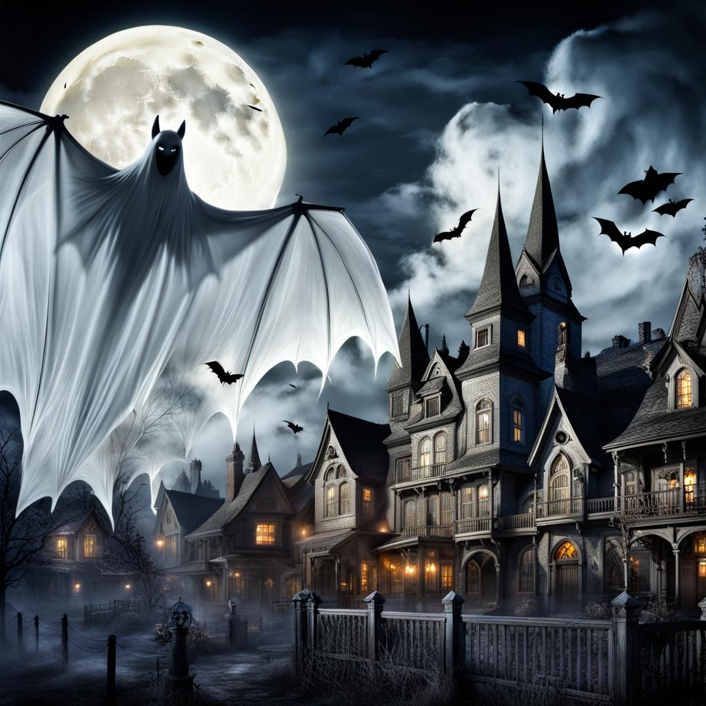 Fantasy Ghost Haunts Town at Full Moon