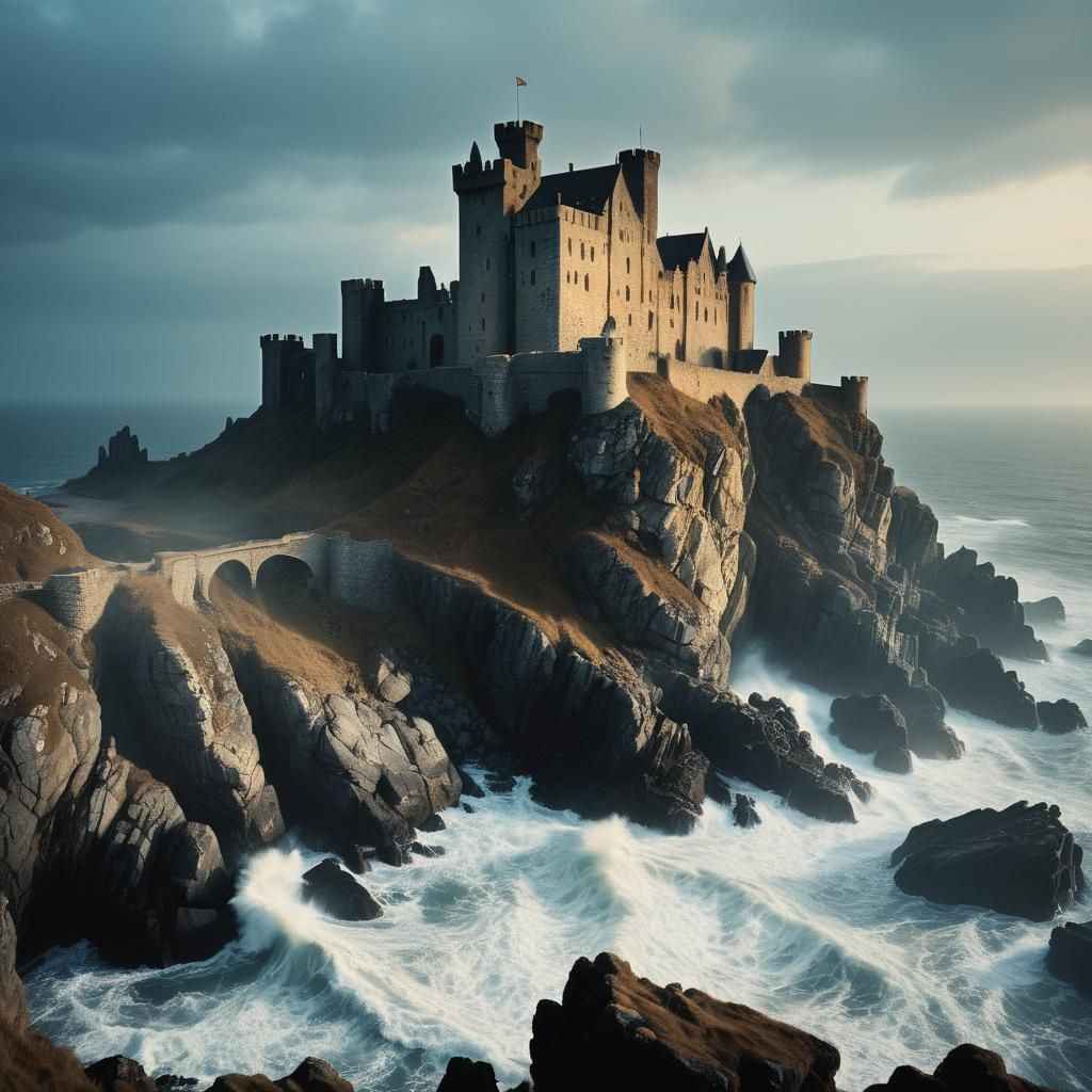 Medieval Castle on Rocky Cliff at Golden Hour