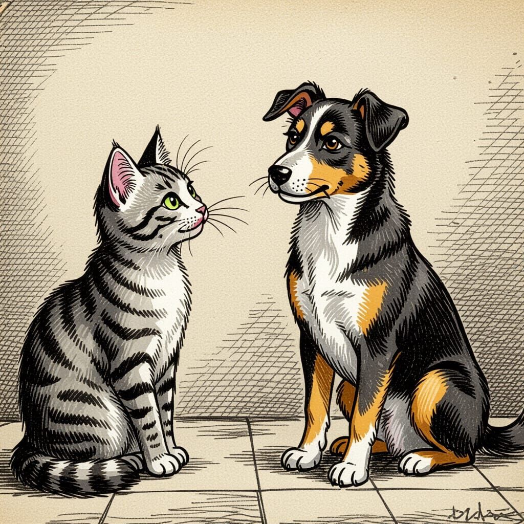 Realistic Pencil Drawing of a Curious Cat and Dog