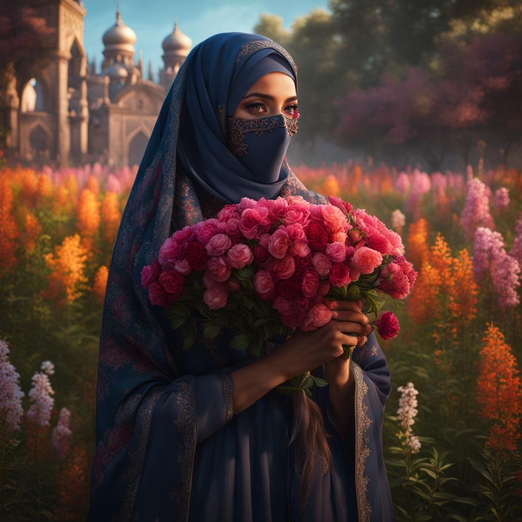 Hijabi Girl with Flower, Detailed Matte Painting