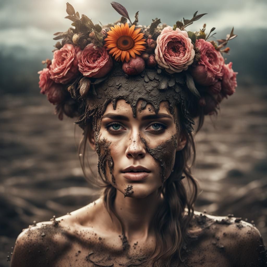 Mud-Covered Woman with Flower Crown: Digital Painting