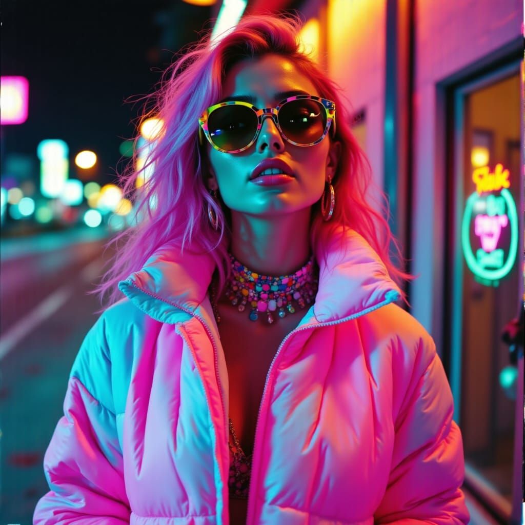 Glowing Neon Goddess in 80s Leisure Style